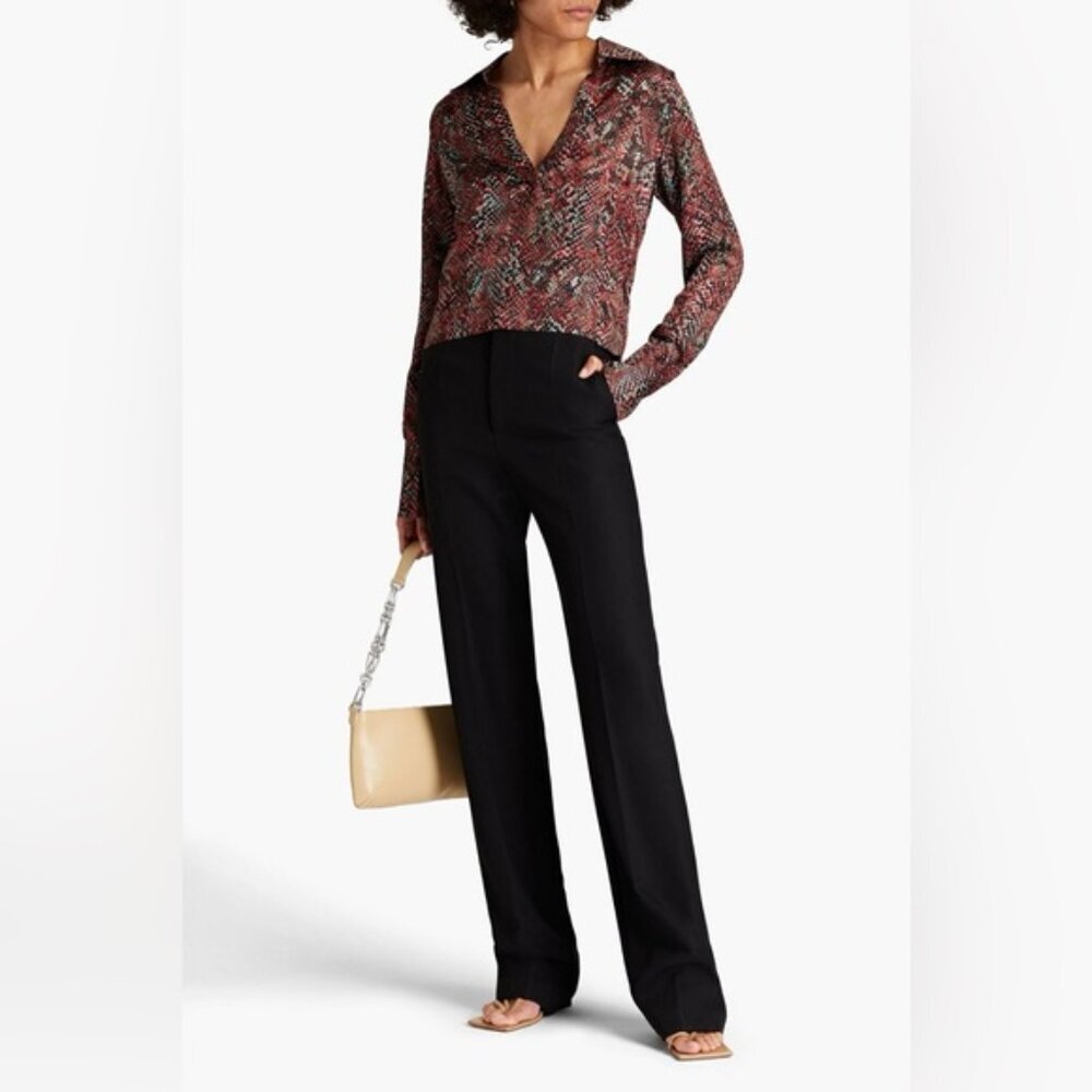 NWT NICHOLAS SILK Blend Page Water Snake Print V Neck L/S Top with Collar Size 8